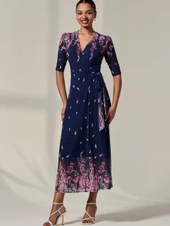 Half Sleeve Floral Wrap Dress, Navy Pink Multi
