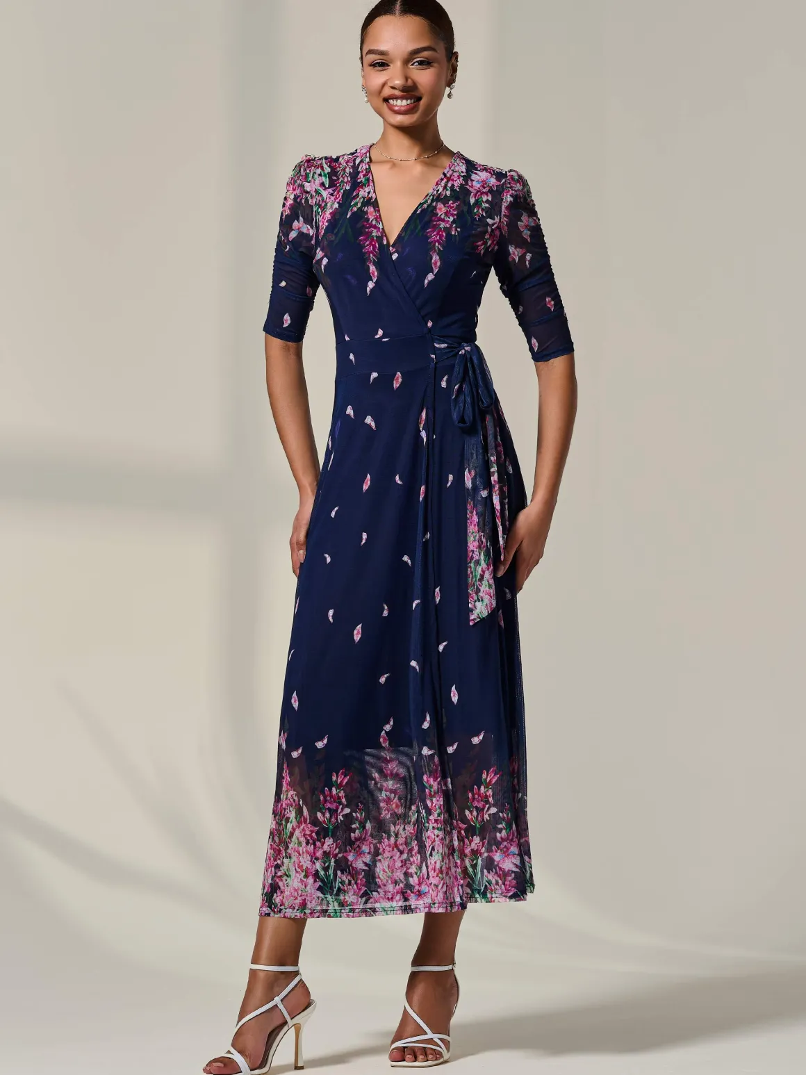 Half Sleeve Floral Wrap Dress, Navy Pink Multi