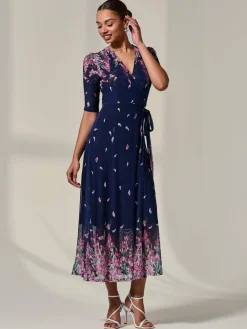 Half Sleeve Floral Wrap Dress, Navy Pink Multi
