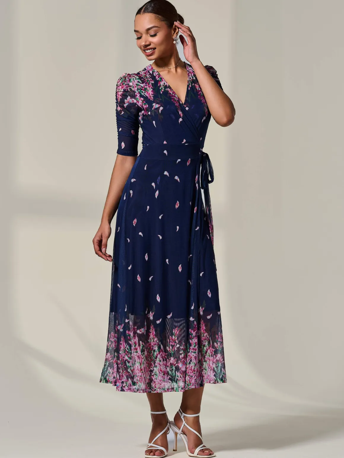 Half Sleeve Floral Wrap Dress, Navy Pink Multi