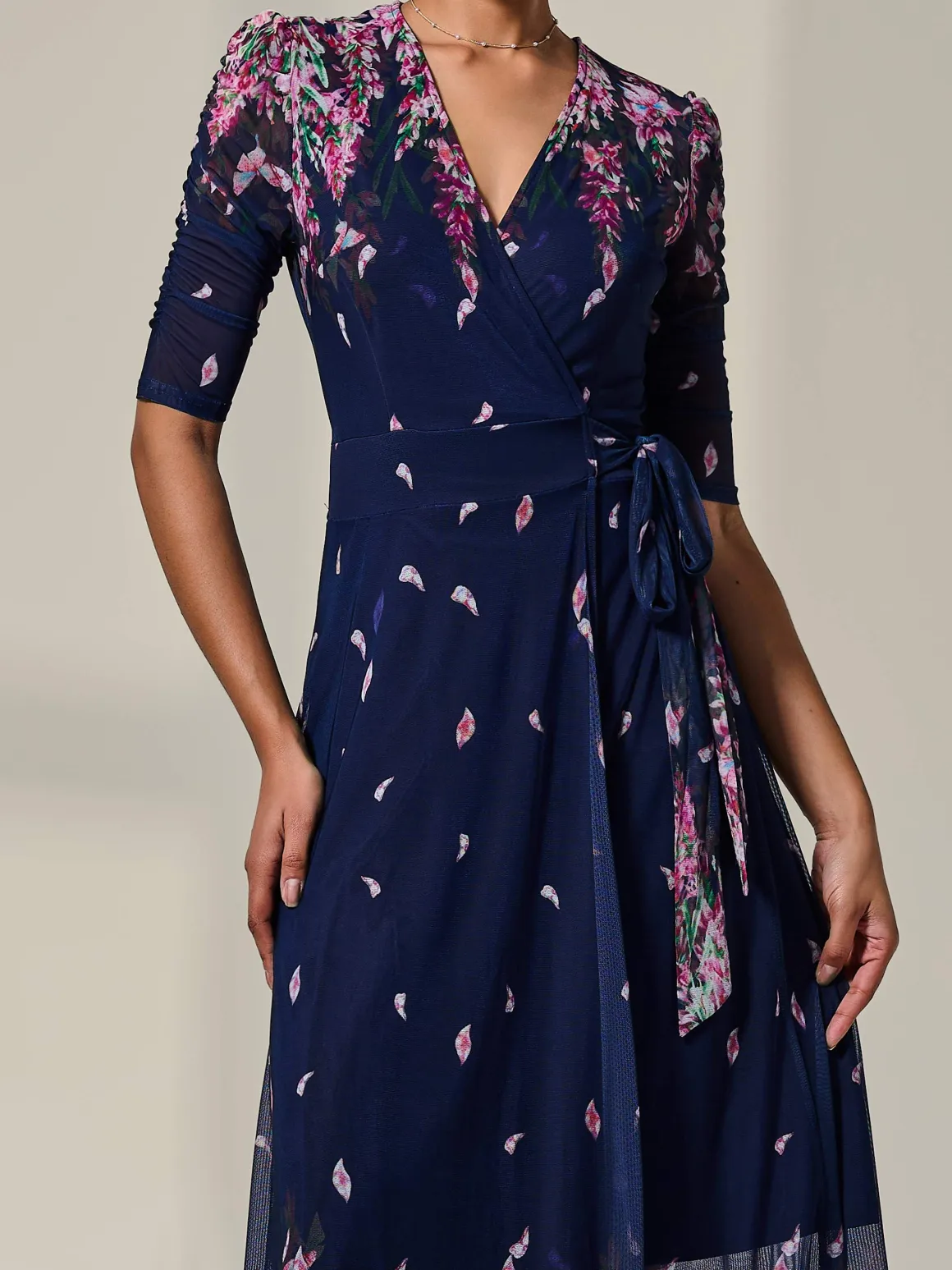 Half Sleeve Floral Wrap Dress, Navy Pink Multi