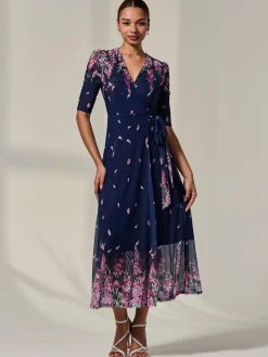Half Sleeve Floral Wrap Dress, Navy Pink Multi