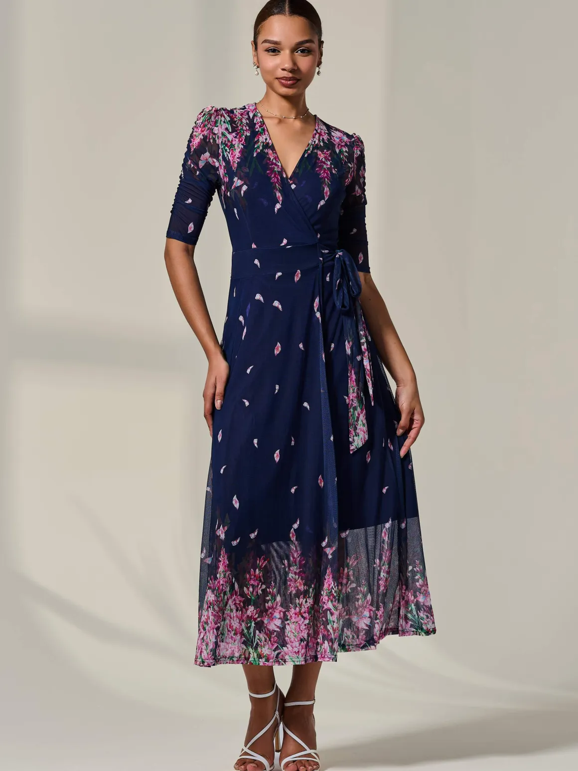 Half Sleeve Floral Wrap Dress, Navy Pink Multi