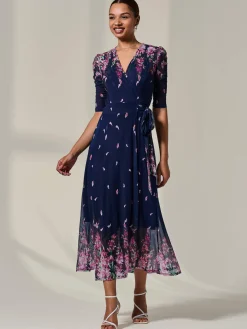 Half Sleeve Floral Wrap Dress, Navy Pink Multi