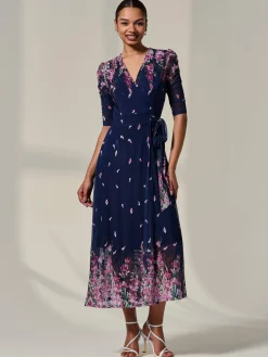 Half Sleeve Floral Wrap Dress, Navy Pink Multi