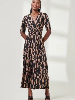 Half Sleeve Jersey Maxi Dress, Brown Pattern