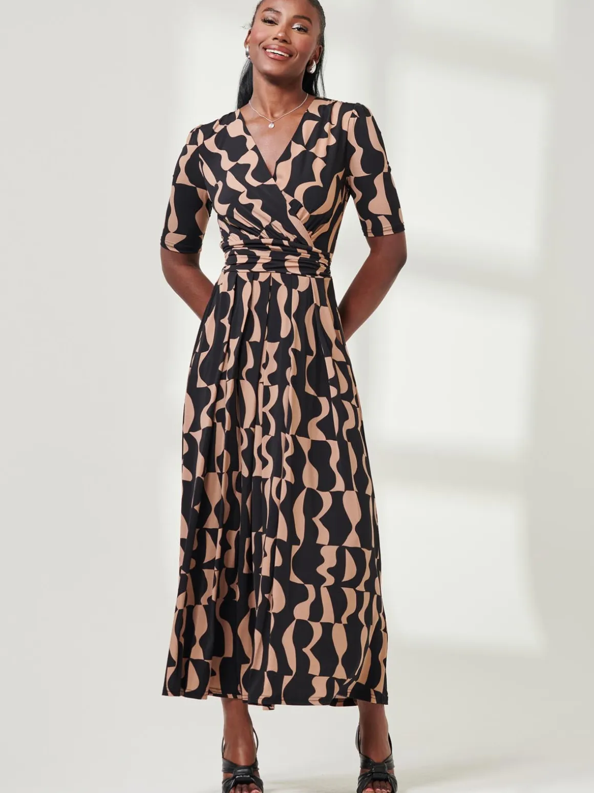 Half Sleeve Jersey Maxi Dress, Brown Pattern