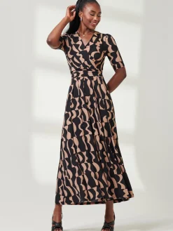 Half Sleeve Jersey Maxi Dress, Brown Pattern