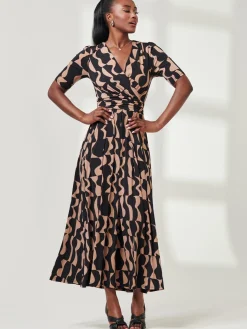 Half Sleeve Jersey Maxi Dress, Brown Pattern