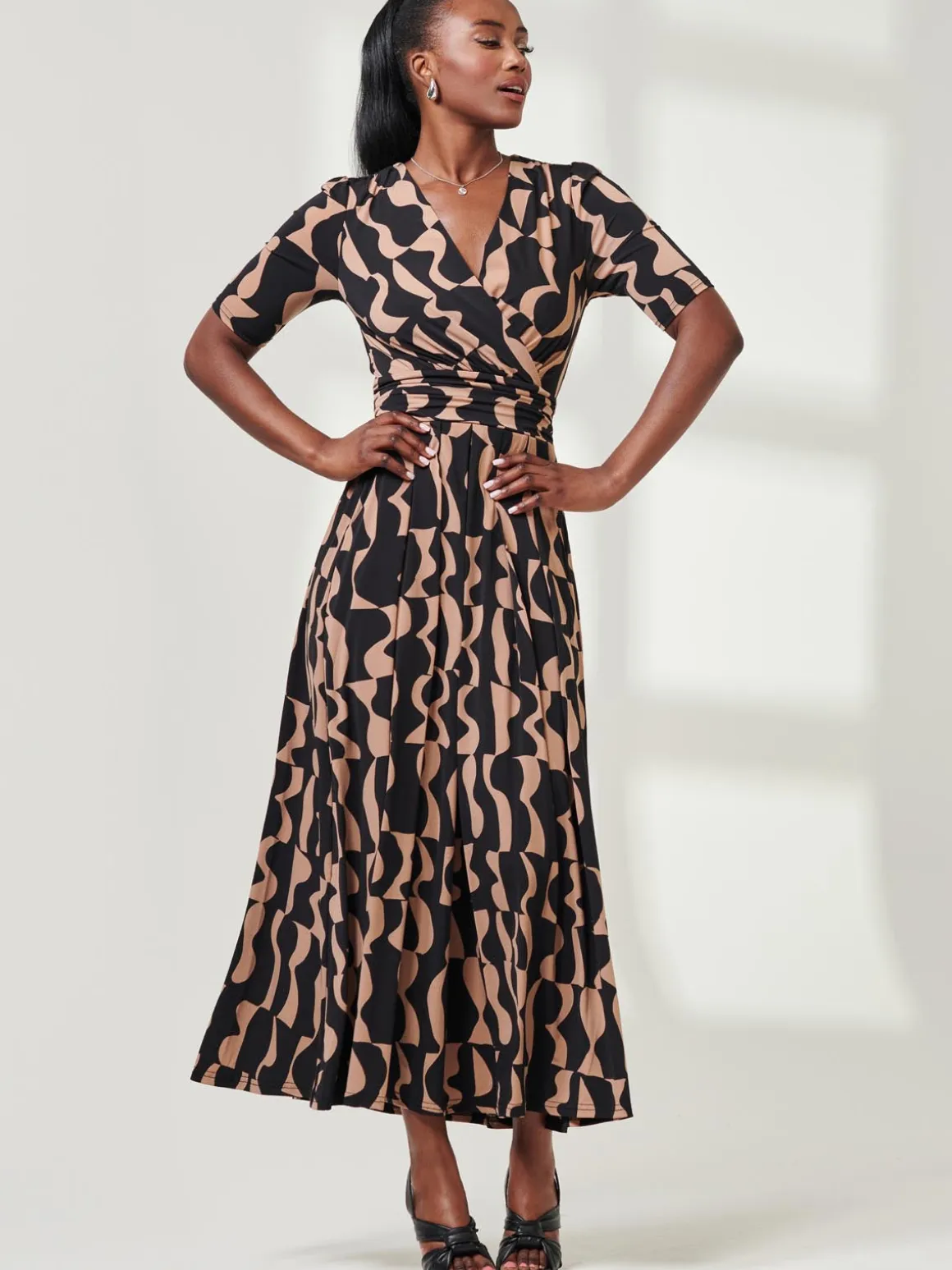Half Sleeve Jersey Maxi Dress, Brown Pattern