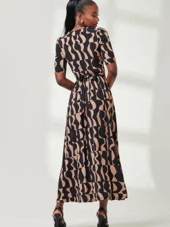 Half Sleeve Jersey Maxi Dress, Brown Pattern