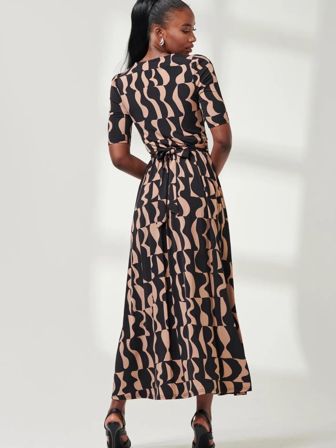 Half Sleeve Jersey Maxi Dress, Brown Pattern