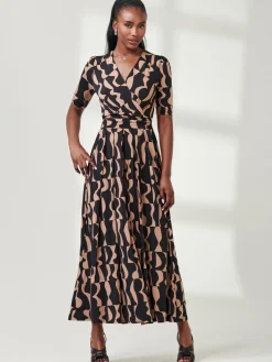 Half Sleeve Jersey Maxi Dress, Brown Pattern