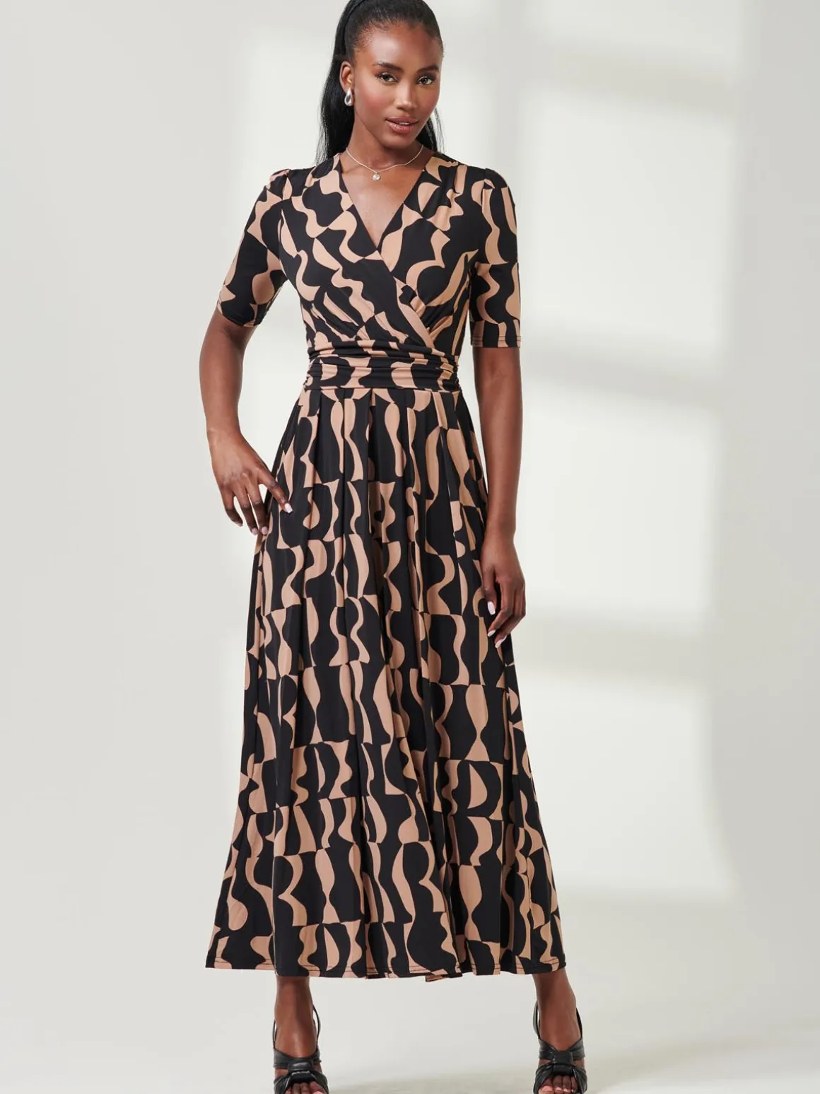 Half Sleeve Jersey Maxi Dress, Brown Pattern