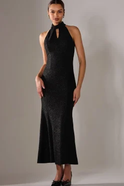 Halter Neck Fishtail Maxi Dress, Black