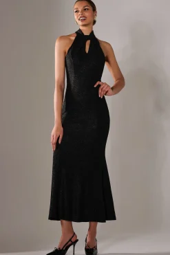 Halter Neck Fishtail Maxi Dress, Black