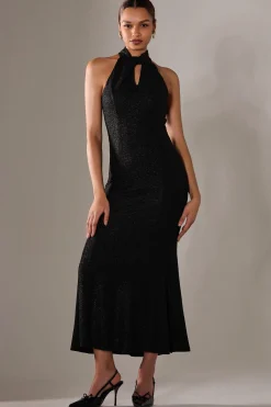 Halter Neck Fishtail Maxi Dress, Black
