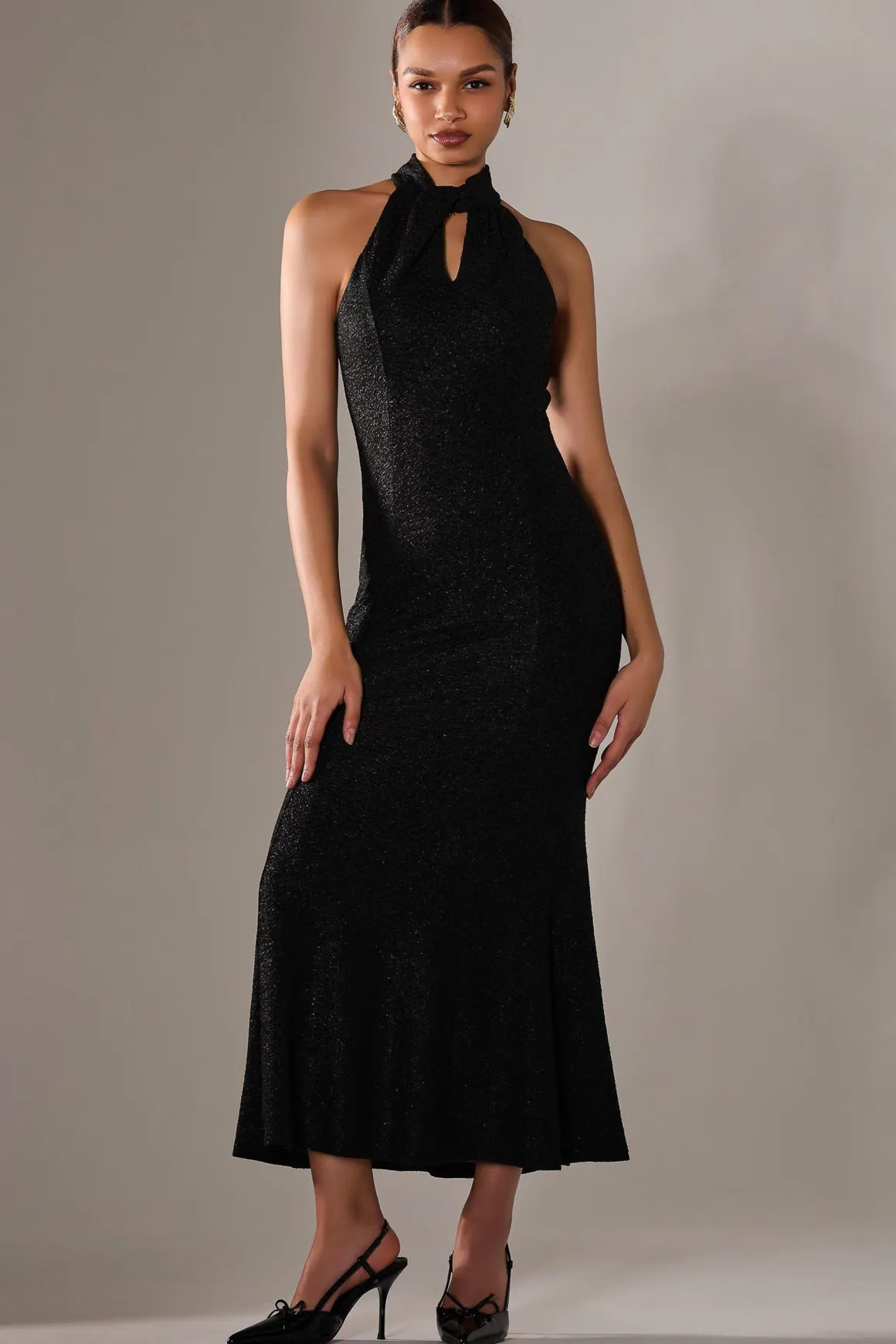Halter Neck Fishtail Maxi Dress, Black