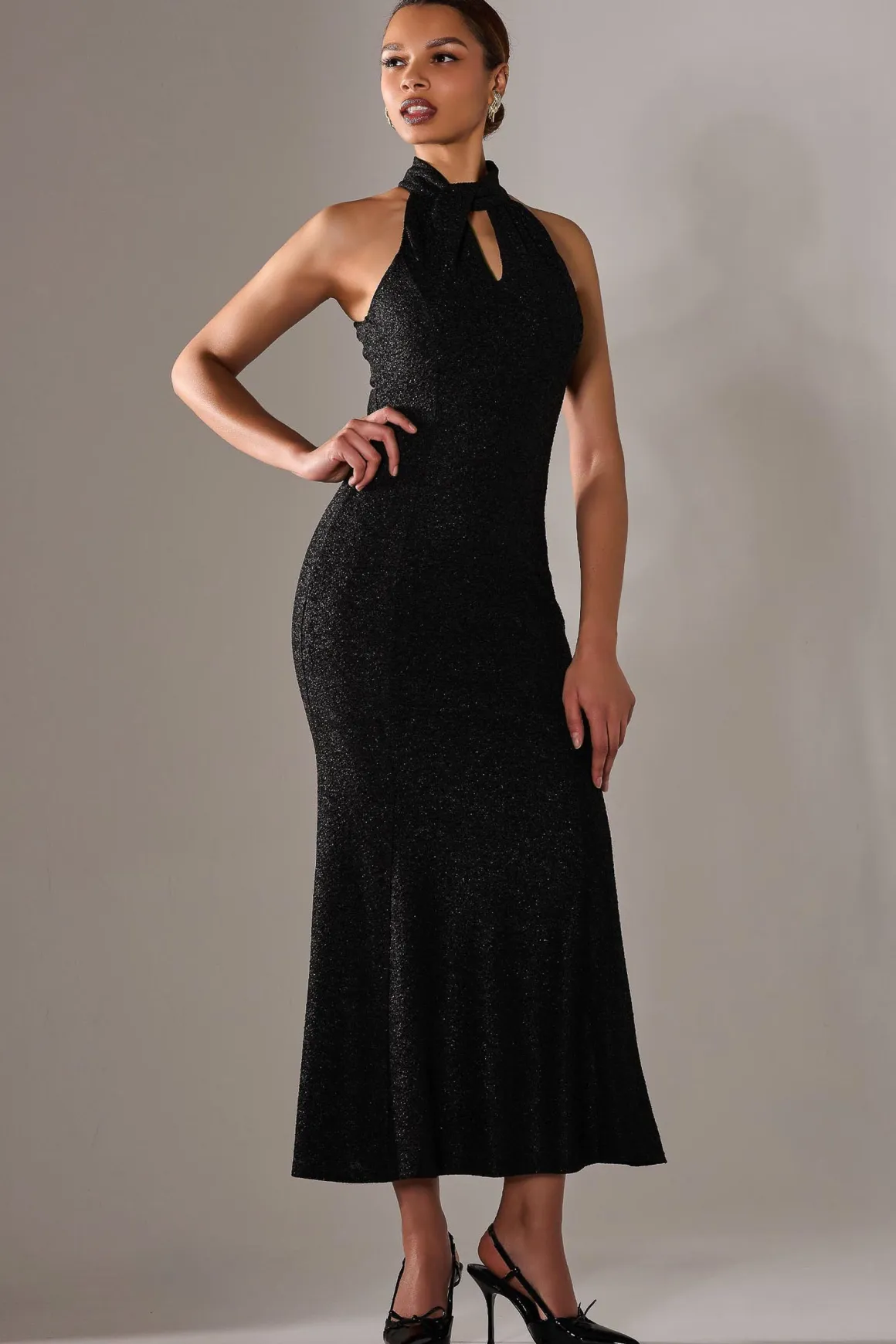 Halter Neck Fishtail Maxi Dress, Black