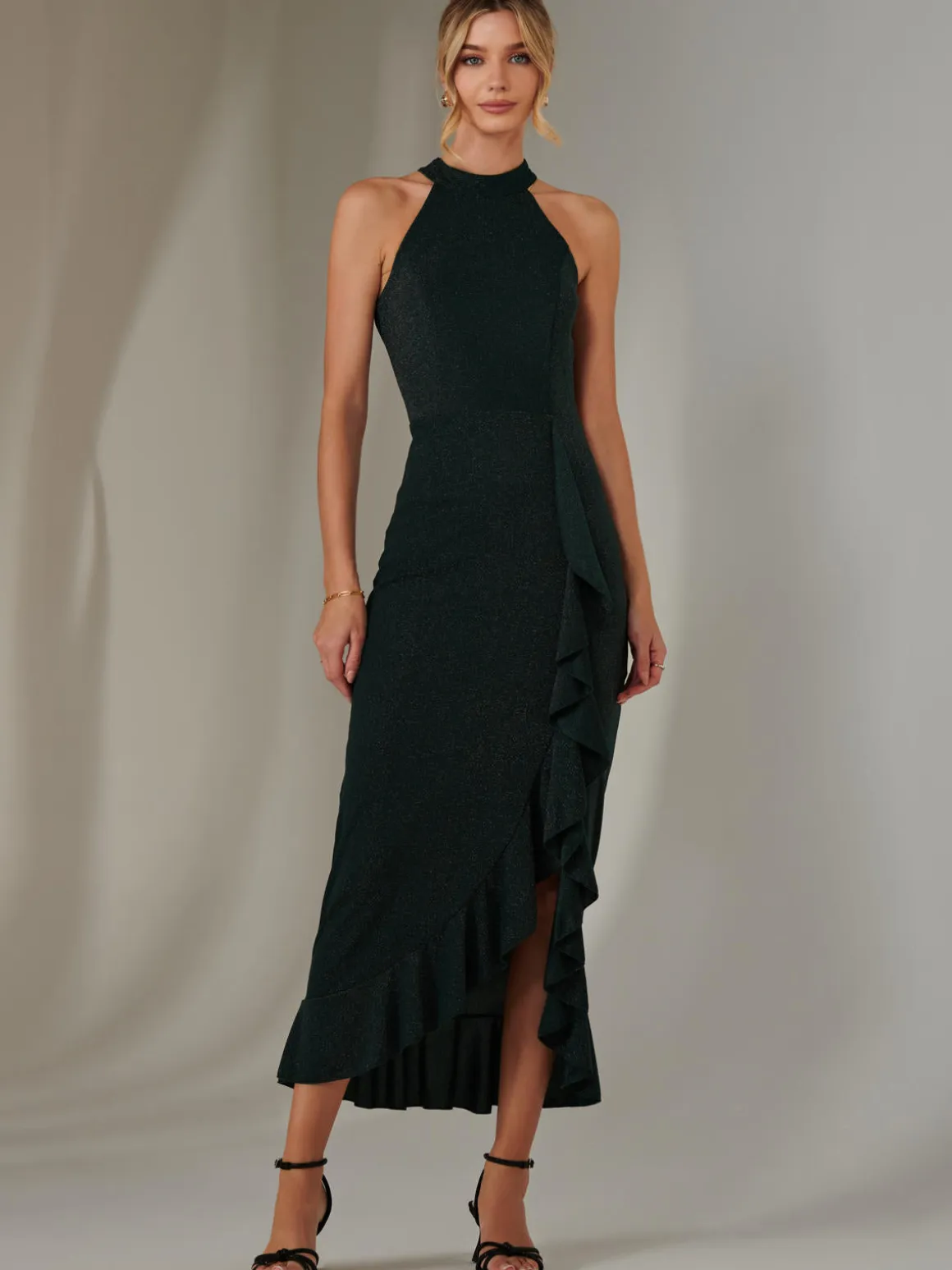Halter Neck Frill Jersey Maxi Dress, Dark Green