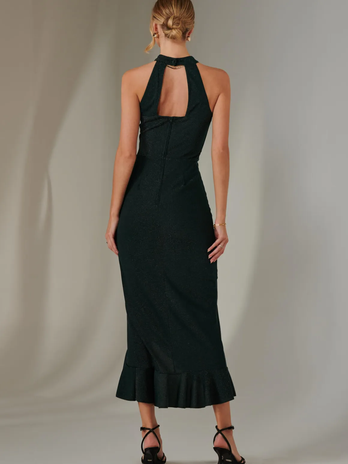 Halter Neck Frill Jersey Maxi Dress, Dark Green