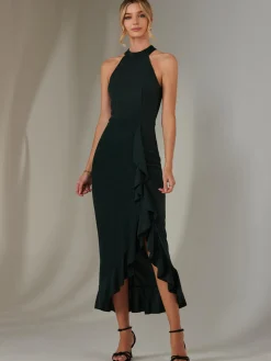 Halter Neck Frill Jersey Maxi Dress, Dark Green