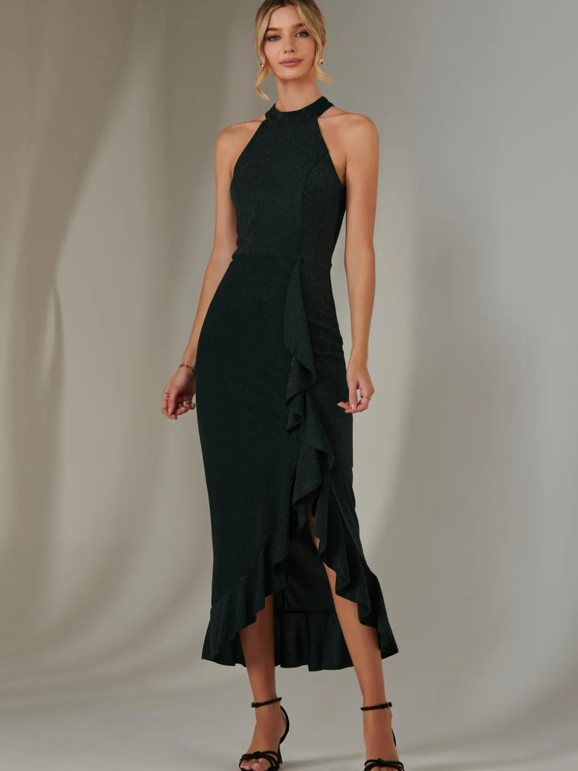 Halter Neck Frill Jersey Maxi Dress, Dark Green