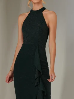 Halter Neck Frill Jersey Maxi Dress, Dark Green