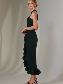 Halter Neck Frill Jersey Maxi Dress, Dark Green