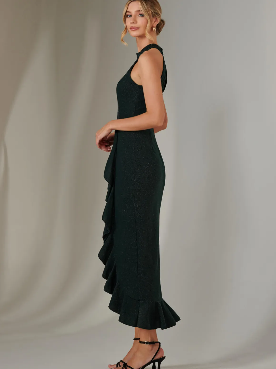Halter Neck Frill Jersey Maxi Dress, Dark Green
