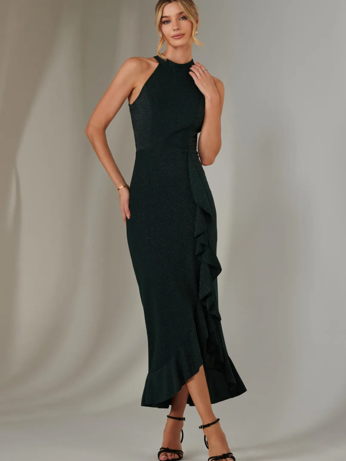 Halter Neck Frill Jersey Maxi Dress, Dark Green