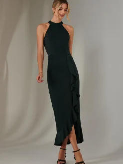 Halter Neck Frill Jersey Maxi Dress, Dark Green