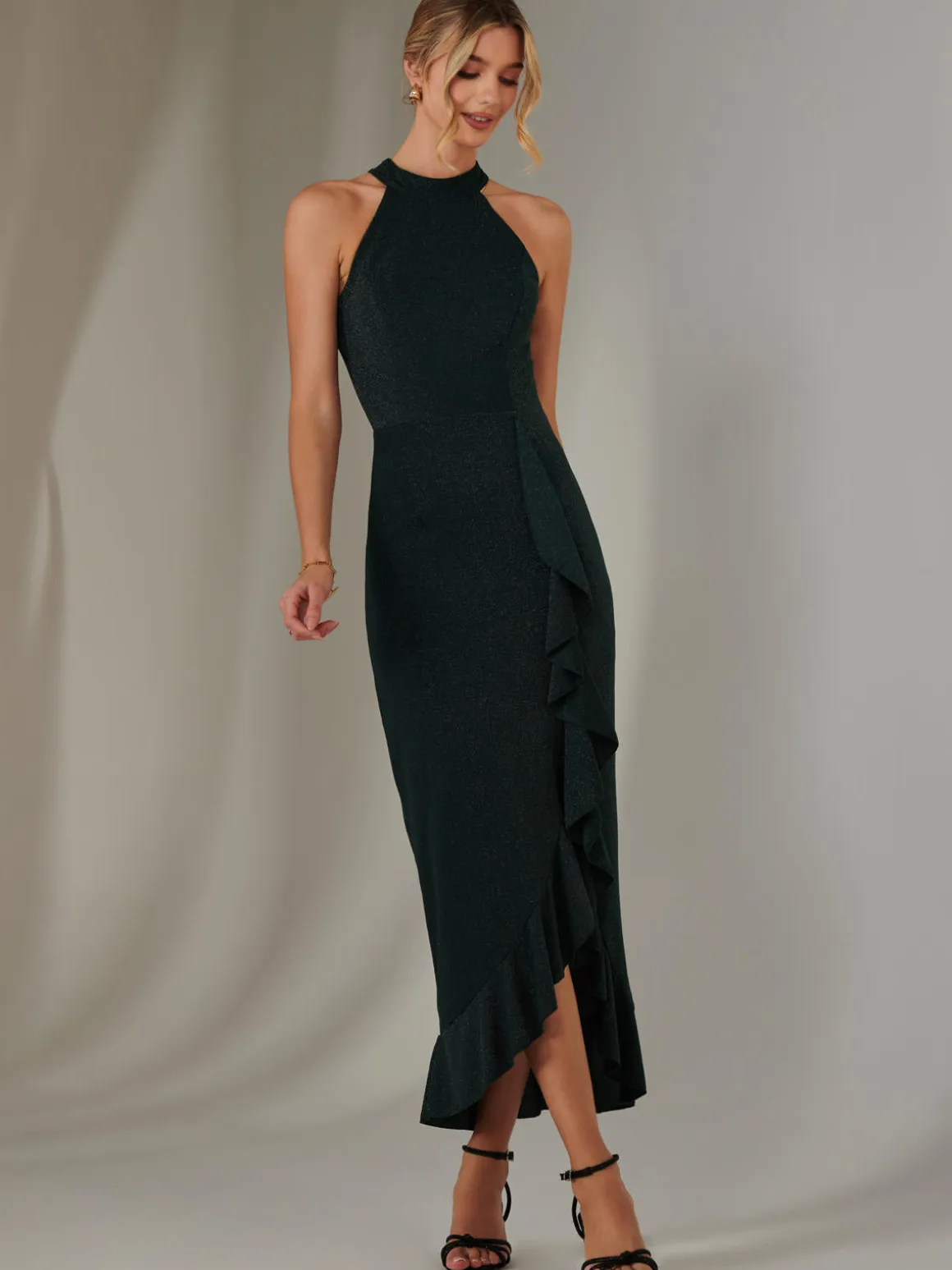 Halter Neck Frill Jersey Maxi Dress, Dark Green