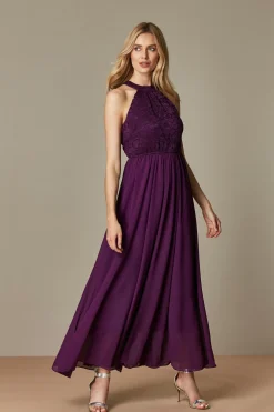 Halter Neck Lace Maxi Bridesmaid Dress, Dark Purple
