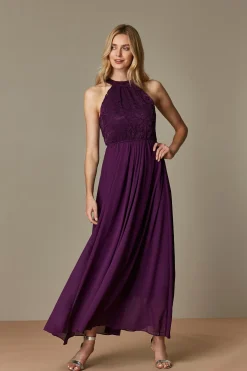 Halter Neck Lace Maxi Bridesmaid Dress, Dark Purple