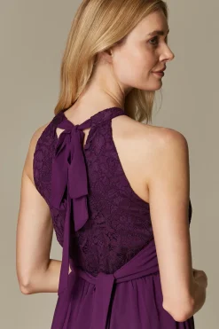 Halter Neck Lace Maxi Bridesmaid Dress, Dark Purple
