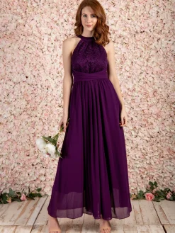 Halter Neck Lace Maxi Bridesmaid Dress, Dark Purple