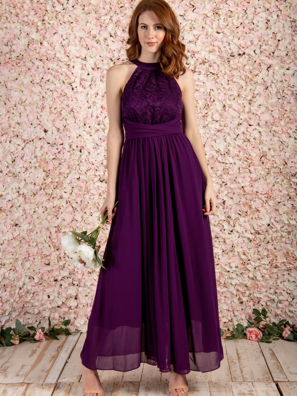 Halter Neck Lace Maxi Bridesmaid Dress, Dark Purple