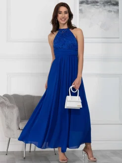 Halter Neck Lace Maxi Bridesmaid Dress, Royal Blue