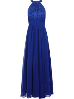 Halter Neck Lace Maxi Bridesmaid Dress, Royal Blue