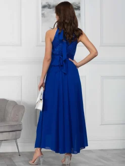 Halter Neck Lace Maxi Bridesmaid Dress, Royal Blue