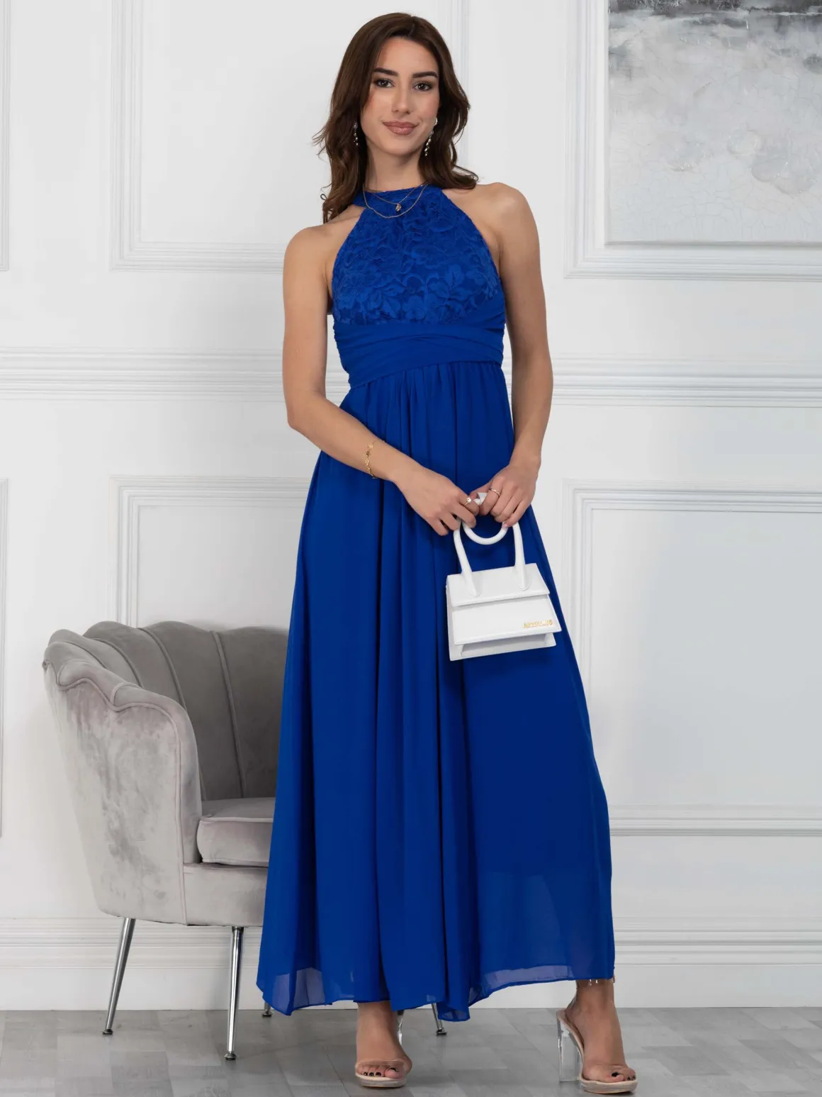 Halter Neck Lace Maxi Bridesmaid Dress, Royal Blue