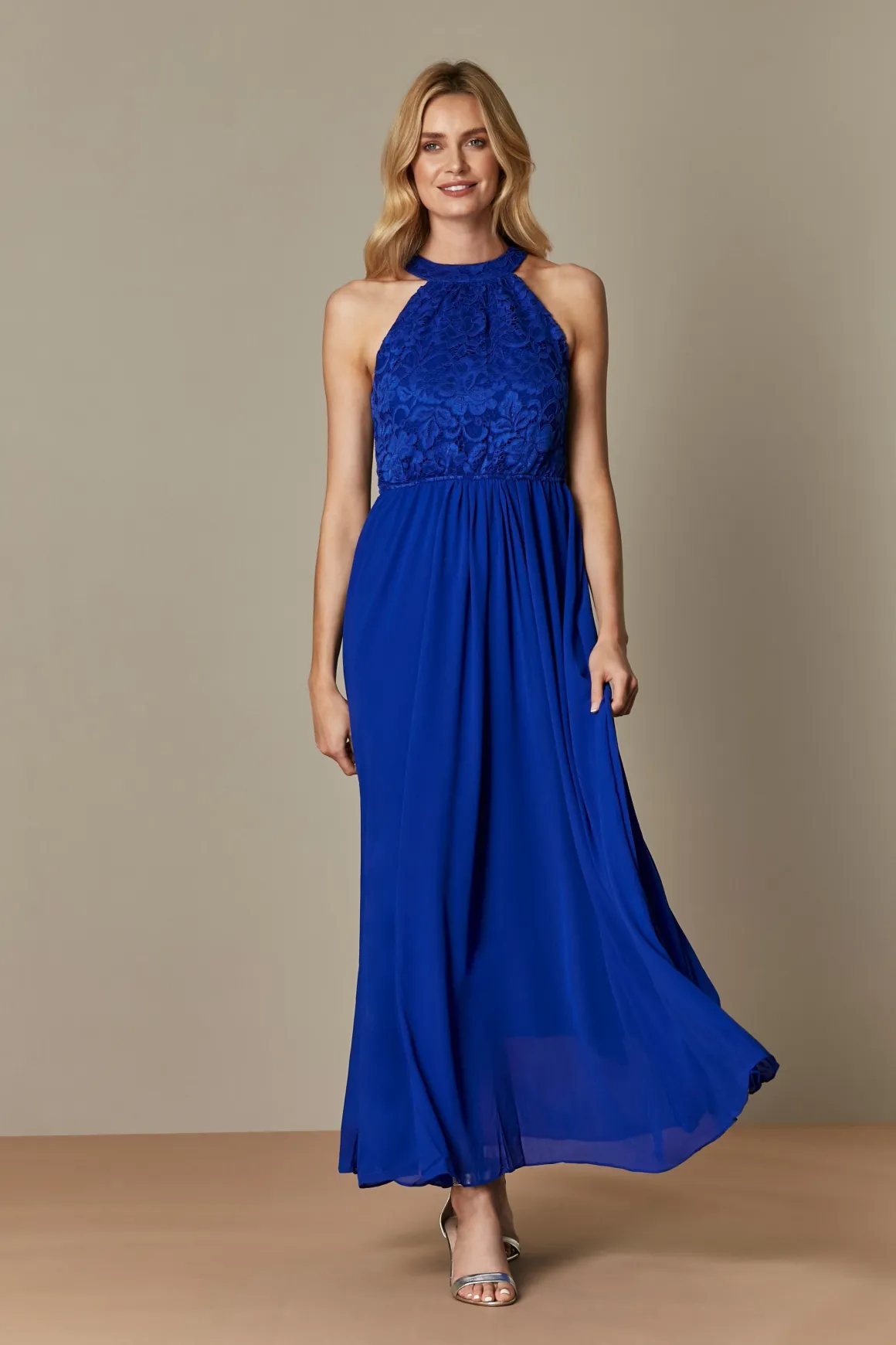 Halter Neck Lace Maxi Bridesmaid Dress, Royal Blue