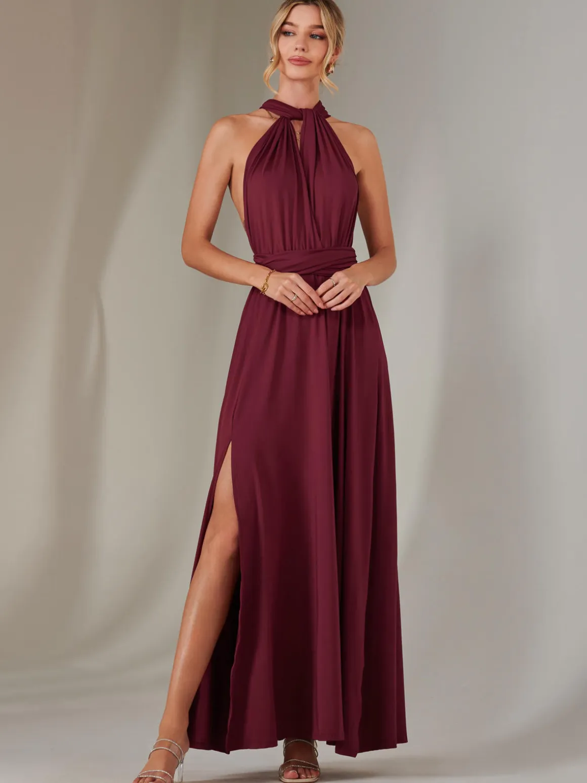 Halter Neck Maxi Bridesmaid Dress, Burgundy