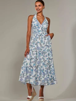 Halter Neck Maxi Dress, Blue Paisley