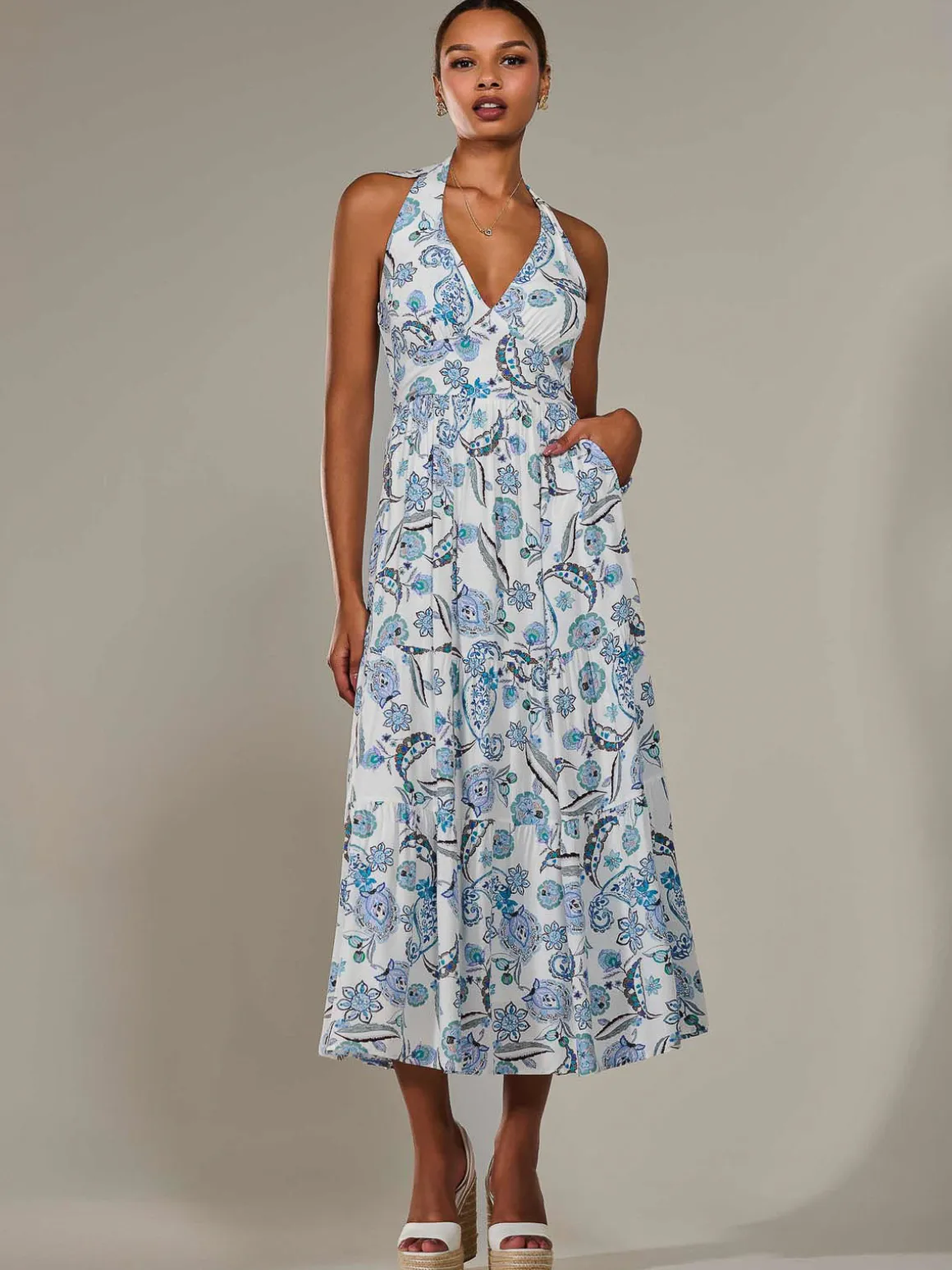 Halter Neck Maxi Dress, Blue Paisley