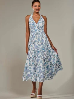 Halter Neck Maxi Dress, Blue Paisley