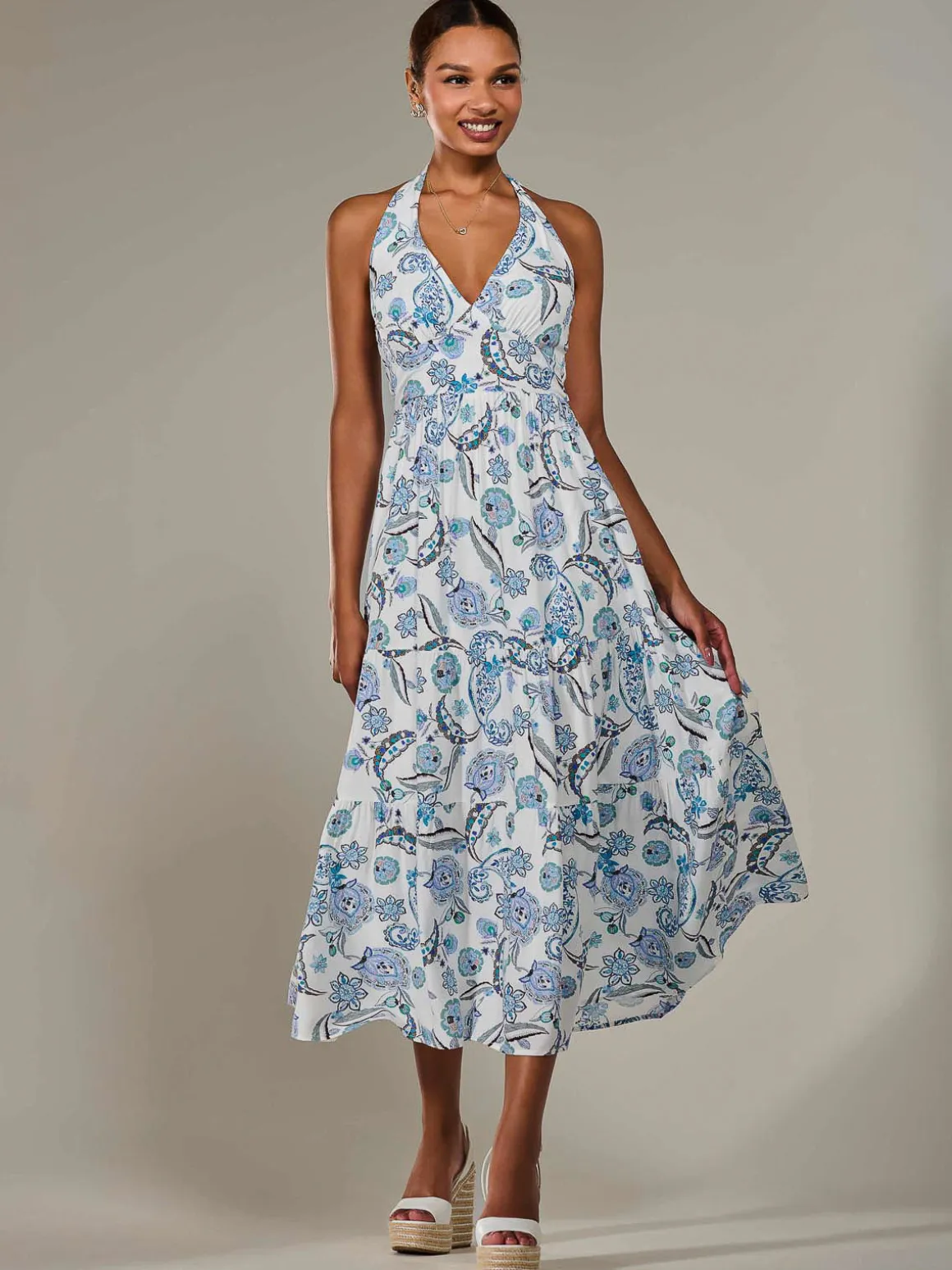 Halter Neck Maxi Dress, Blue Paisley