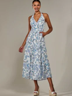 Halter Neck Maxi Dress, Blue Paisley