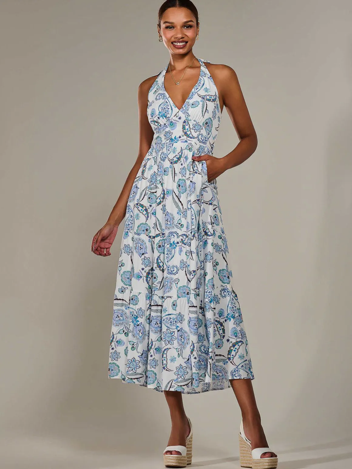Halter Neck Maxi Dress, Blue Paisley